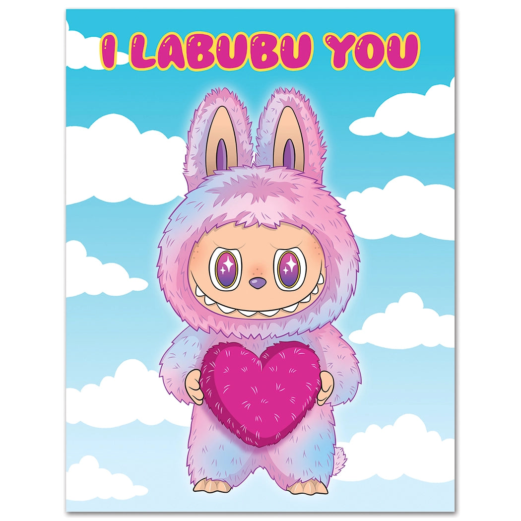 Cartoon character in a pink costume holding a heart, with 'I Labubu You' text on a blue sky background.