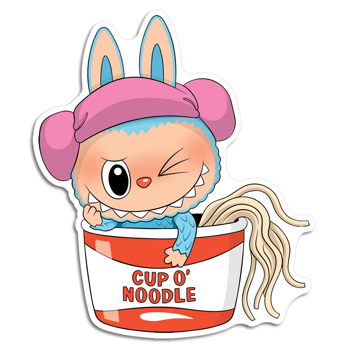 Cartoon character with bunny ears and a cup of noodles on a white background