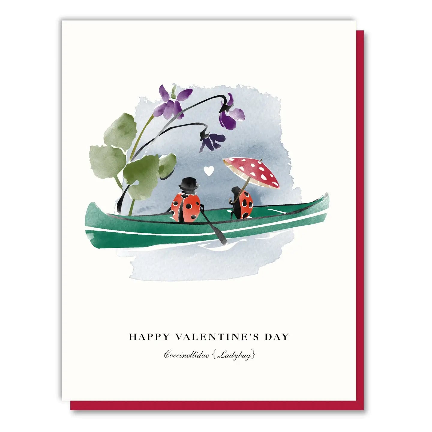 Two Ladybugs on a Canoe under a flower with the message "Happy Valentine's Day"