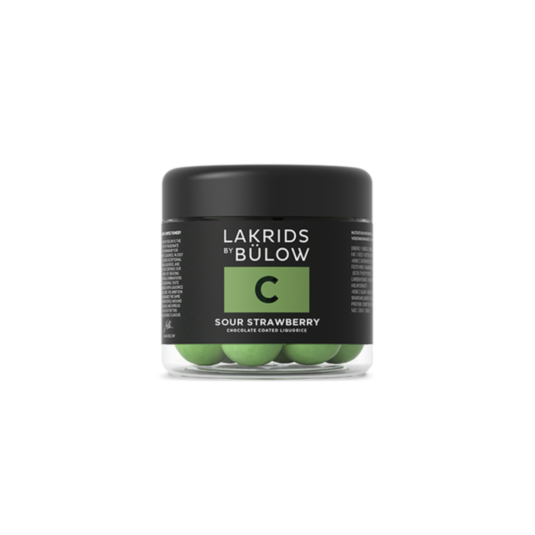 4.4 oz jar of Sour Strawberry Chocolate Coated Candy by Lakrids by Bulow