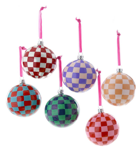 Listing per single ornament. Image shows six colorful checkered ball ornaments with pink ribbons on a white background