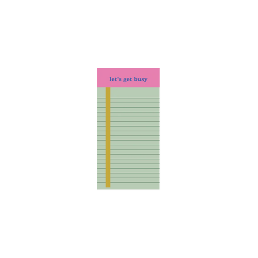 Notepad with pink top section and green lined body on a white background