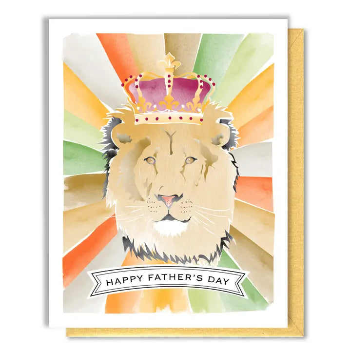 Father's Day card with a lion wearing a crown and colorful background