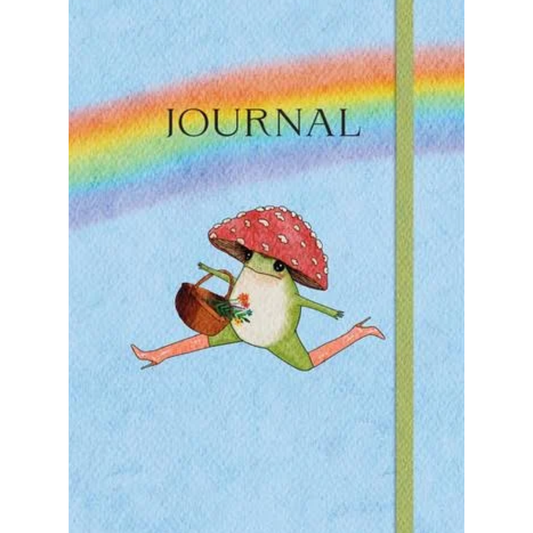 Journal with a frog and mushroom design on a blue background with a rainbow