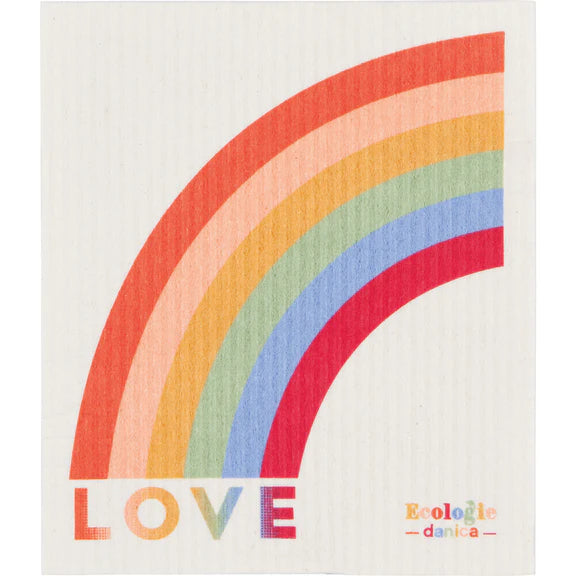 Reusable sponge cloth with a rainbow that says "love"