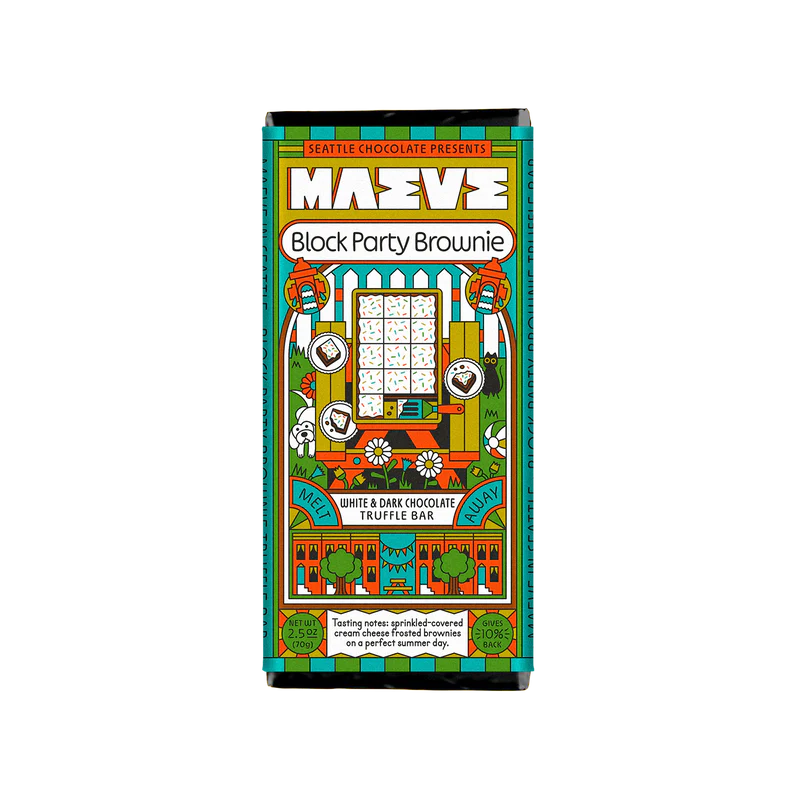 Pop art style packaging for Maeve Block Party Brownie Bar