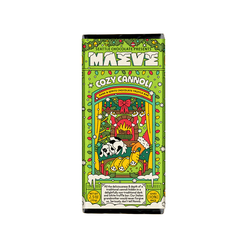 Festive packaging for Maeve Chocolates Cozy Cannoli Bar