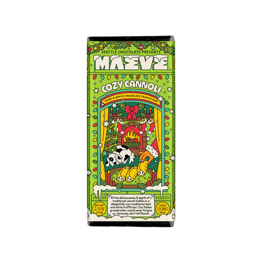 Festive packaging for Maeve Chocolates Cozy Cannoli Bar