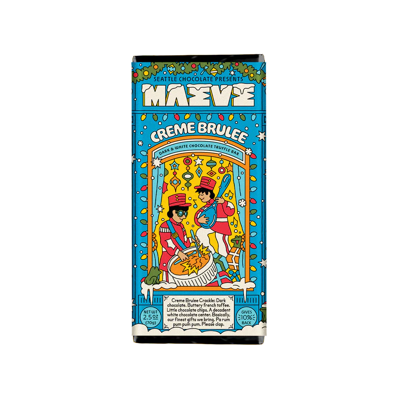 Maéve Creme Brulee Bar features festive graphics of drummers drumming