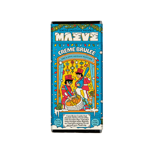 Maéve Creme Brulee Bar features festive graphics of drummers drumming