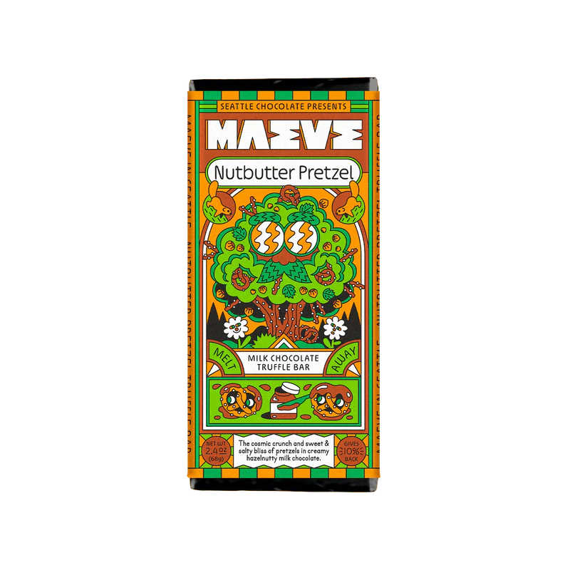 Colorful pop art style packaging for Maeve Nutbutter Pretzel Bar