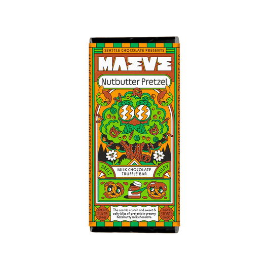 Colorful pop art style packaging for Maeve Nutbutter Pretzel Bar