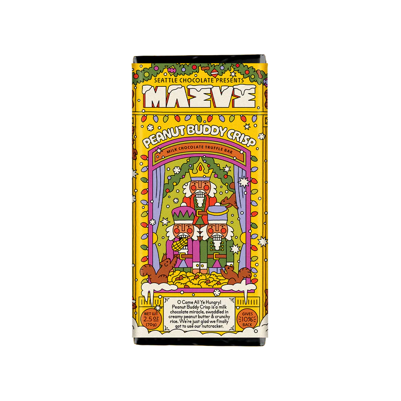 Festive wrapper for Maeve Peanut Buddy Crisp has nutcrackers and holiday lights