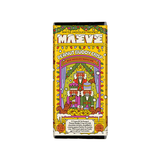 Festive wrapper for Maeve Peanut Buddy Crisp has nutcrackers and holiday lights