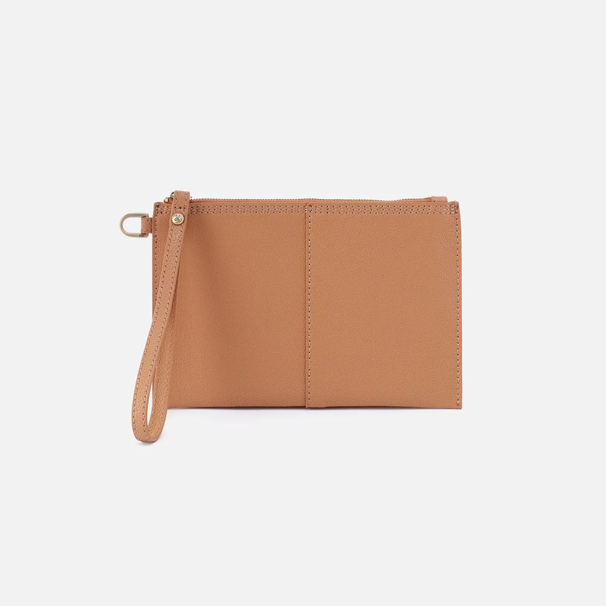 Vida small pouch in a light tan leather with a leather wrist strap and brass d-ring