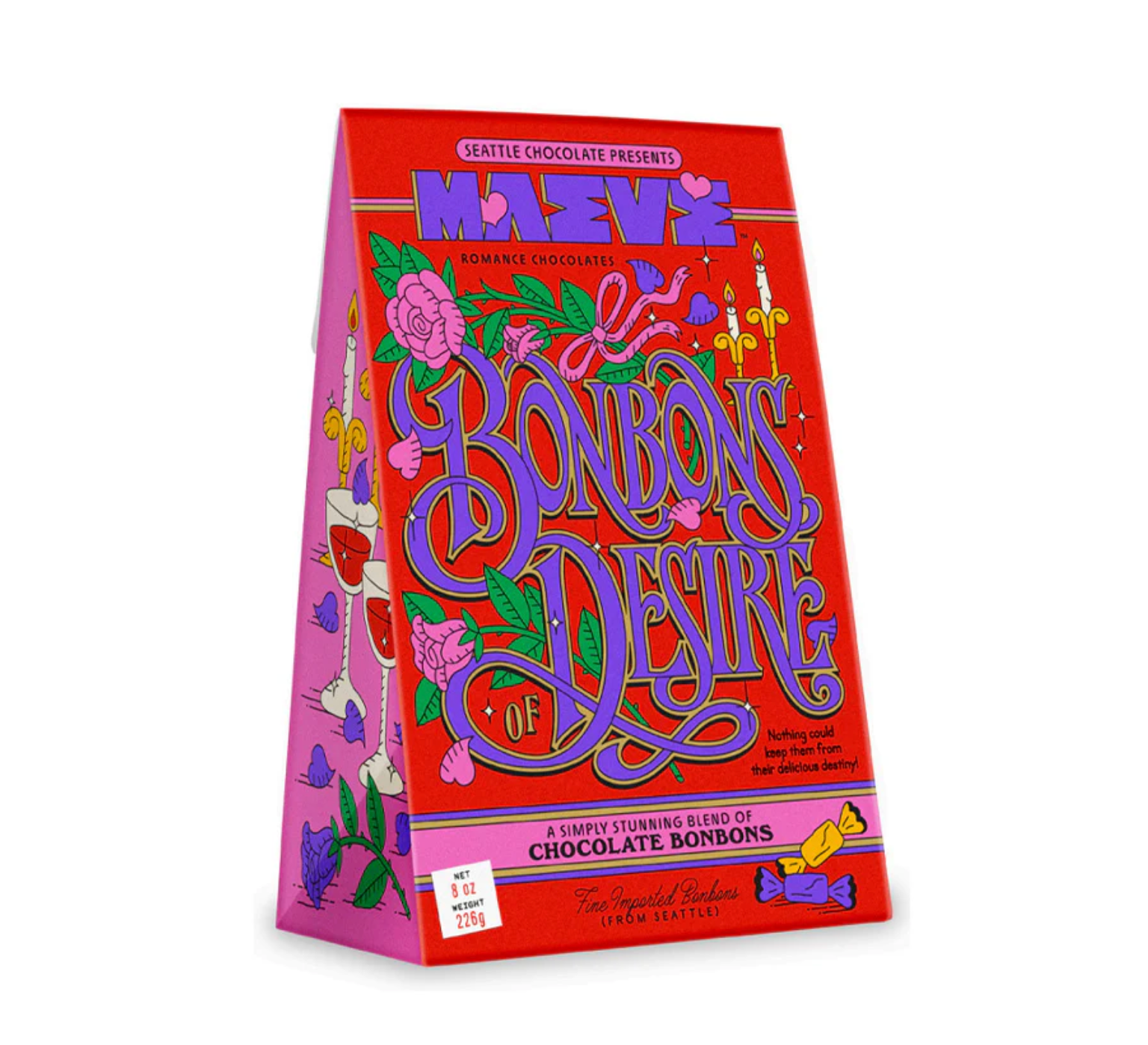 Colorful packaging of Seattle Chocolate's Mave's Bonbons Desire on a white background