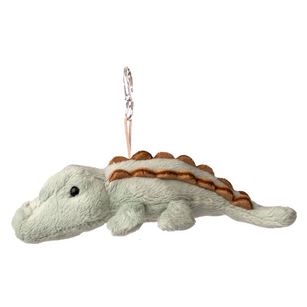 Plush alligator bag charm keychain with a carabiner on a white background