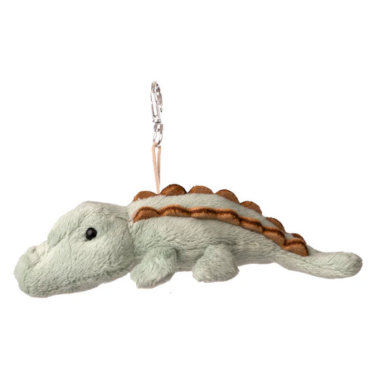 Plush alligator bag charm keychain with a carabiner on a white background