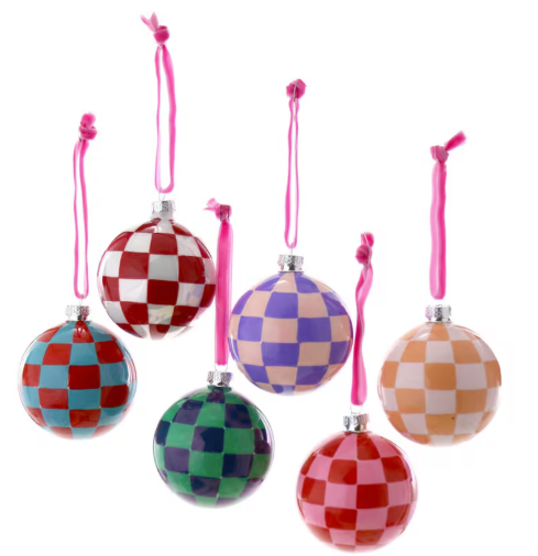 Colorful glass Christmas ornaments painted in a checkered pattern options include: red/pearl, peach/purple, orange/pearl, red/turquoise, green/navy, red/pink