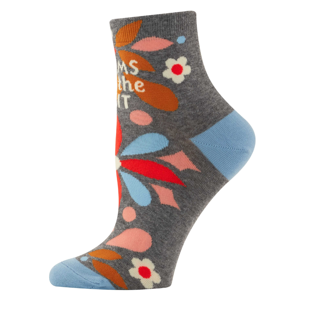 Right side view of "Mom are the shit" socks