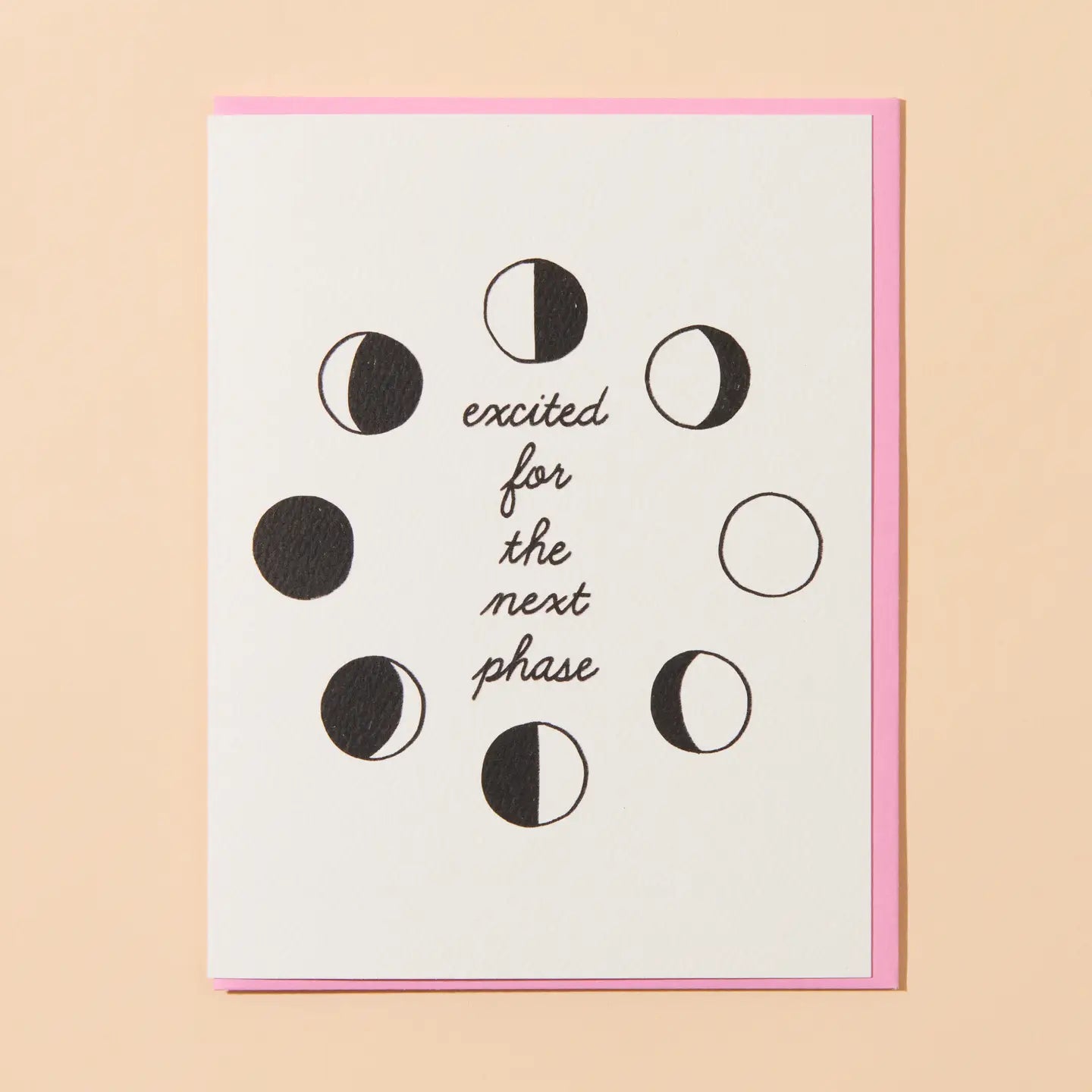 Greeting card with moon phase illustrations and text on a pink border