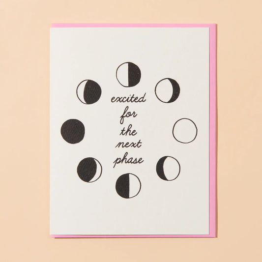 Greeting card with moon phase illustrations and text on a pink border