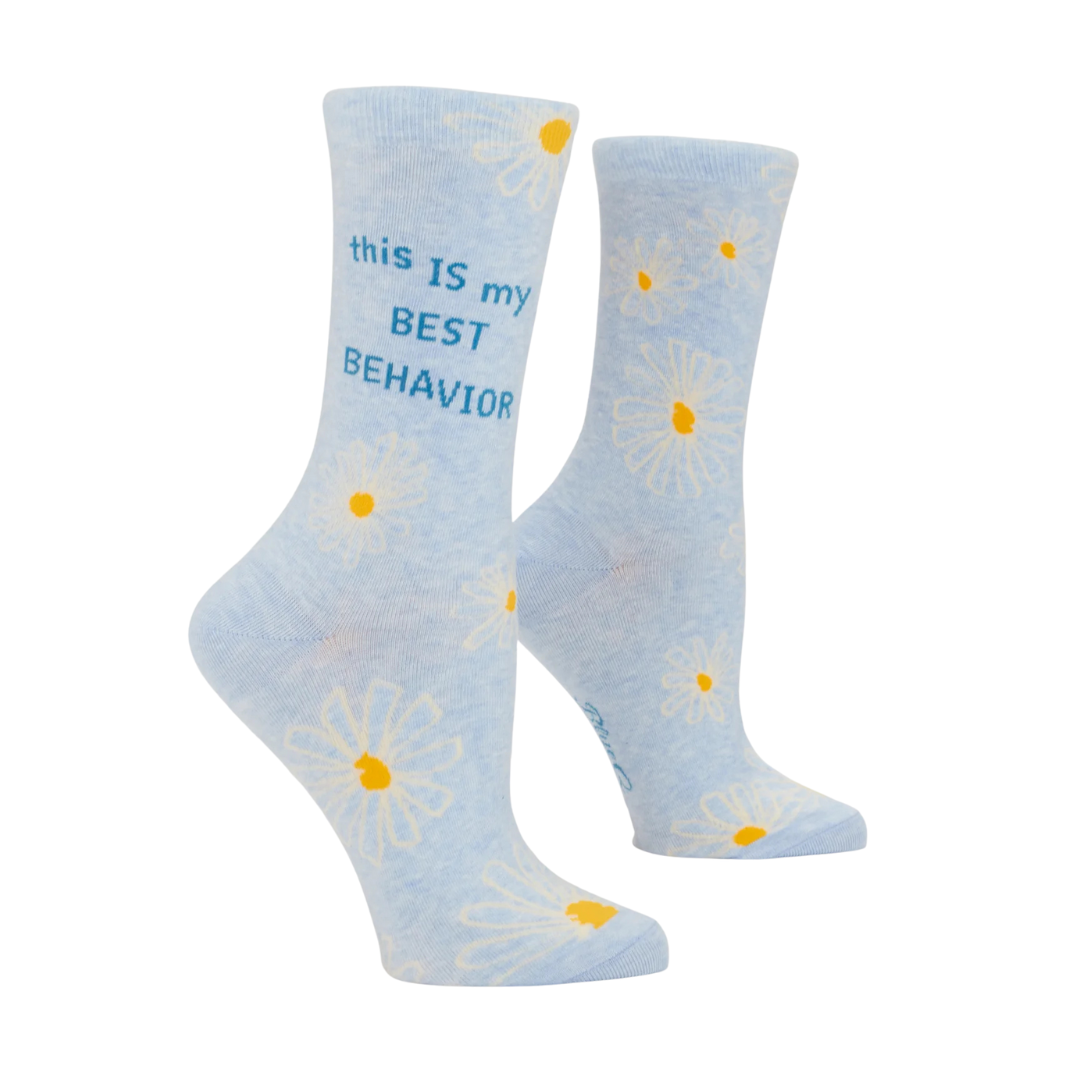 Light blue socks with yellow daisies and text on a white background
