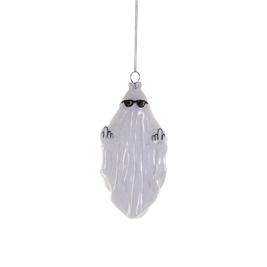 Ornament of a ghost with glasses and two middle fingers held up on either hand. 