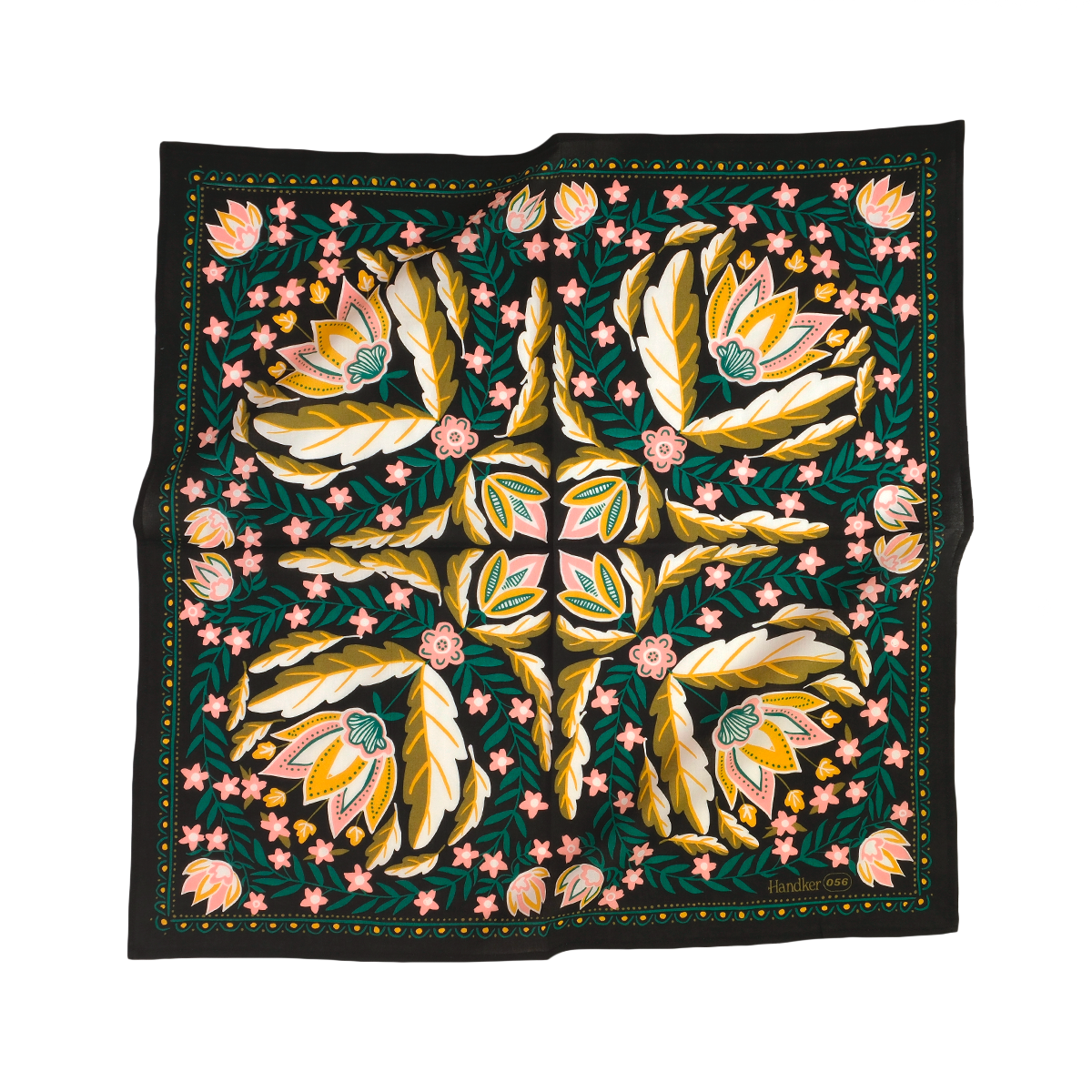 A square scarf with a black border and a highly detailed, symmetrical floral pattern in gold, pink, green, and white, displayed flat against a solid white background.