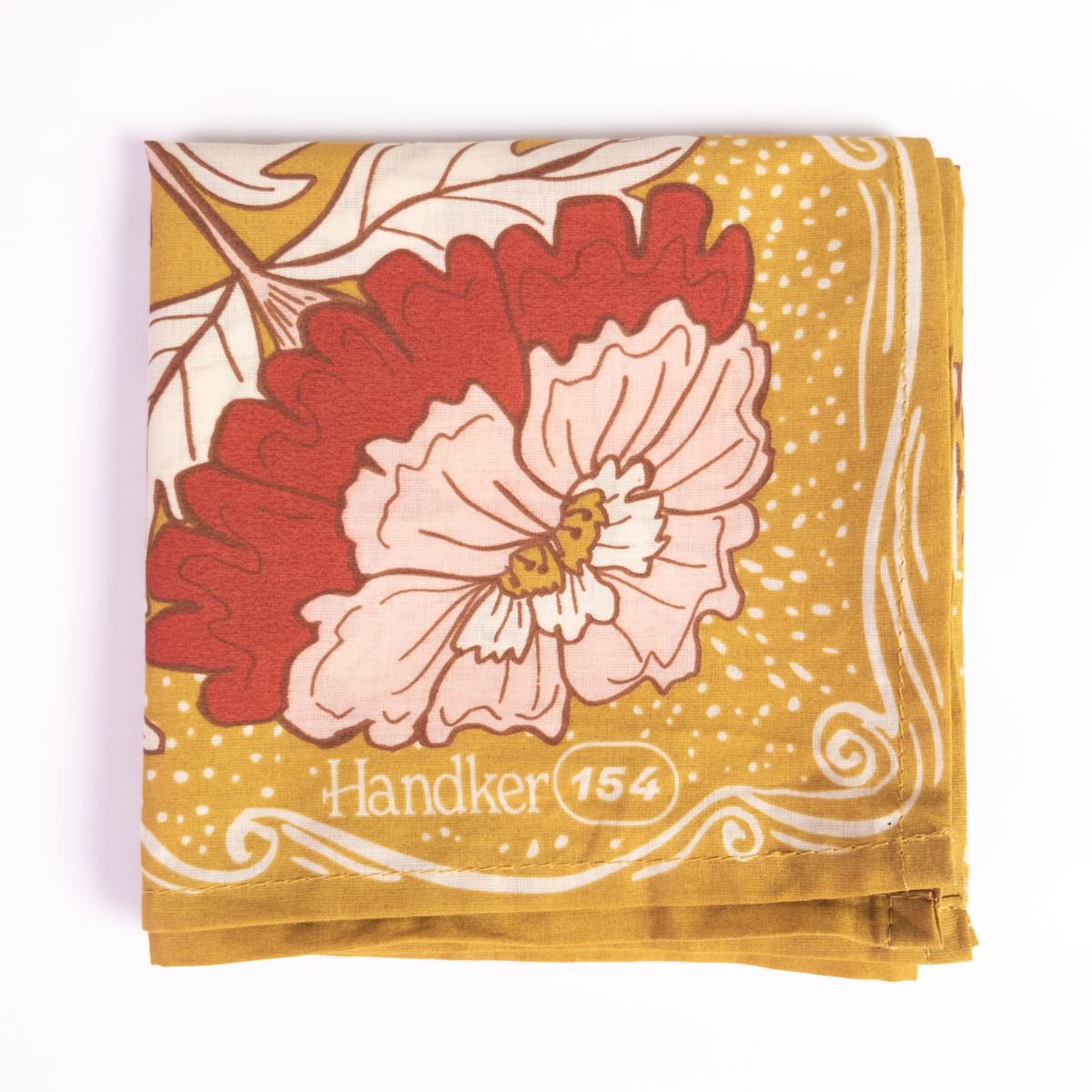 Floral patterned handkerchief with 'Handker 154' branding on a yellow background