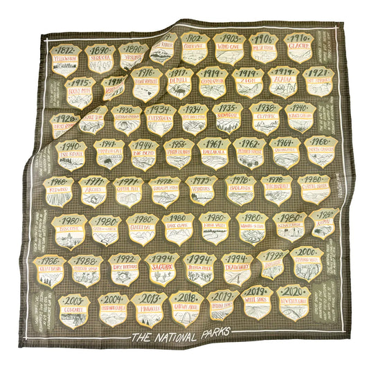 Bandana with national park emblems and years on a white background