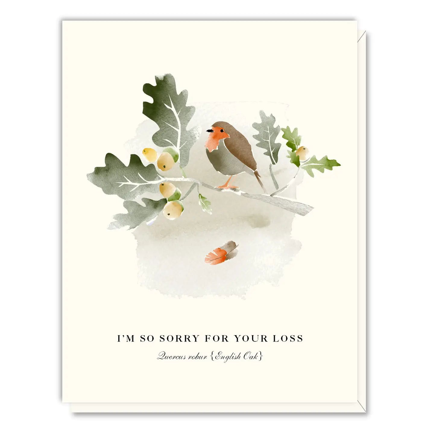 Greeting card with a bird on a english oak brach design and text 'I'm so sorry for your loss' on a white background.