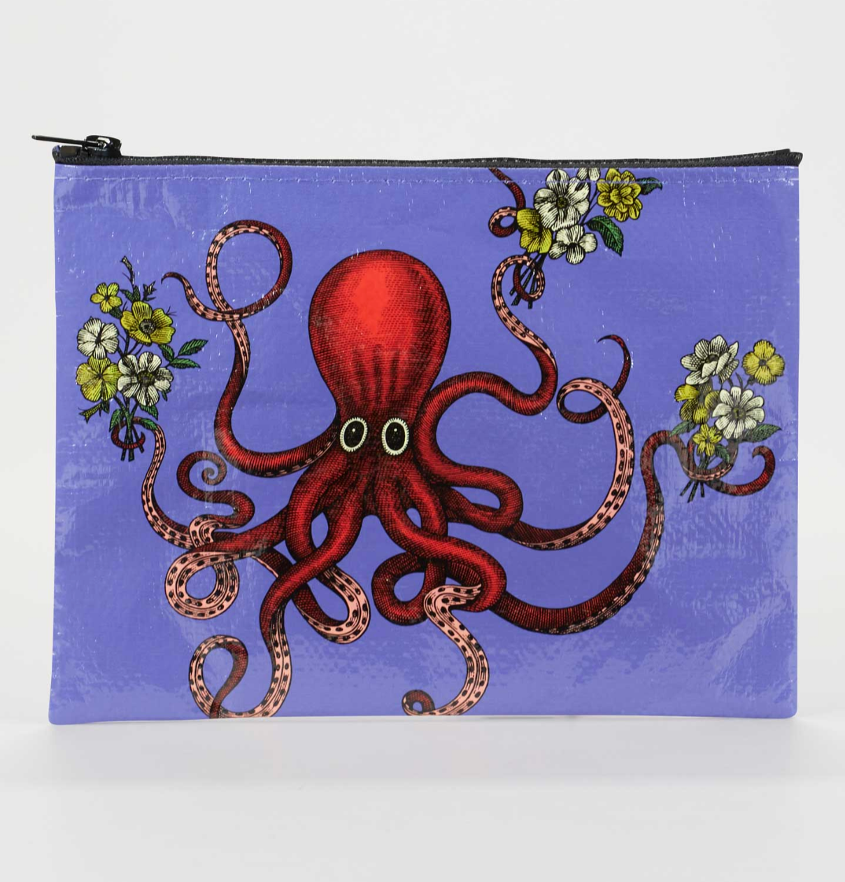Pouch with a red octopus and floral design on a purple background
