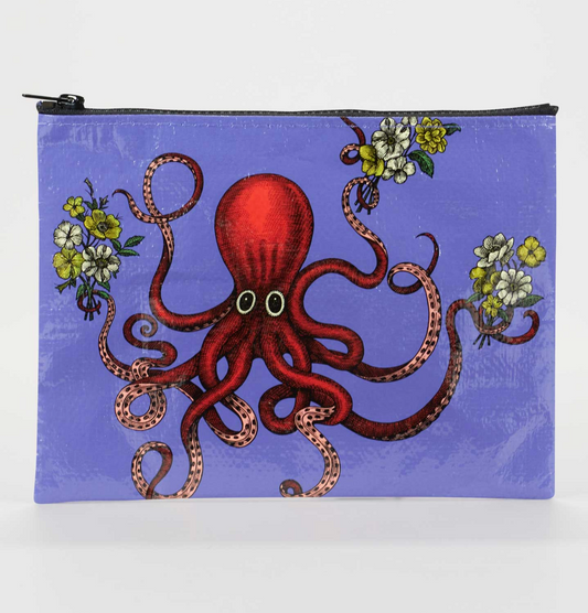 Pouch with a red octopus and floral design on a purple background