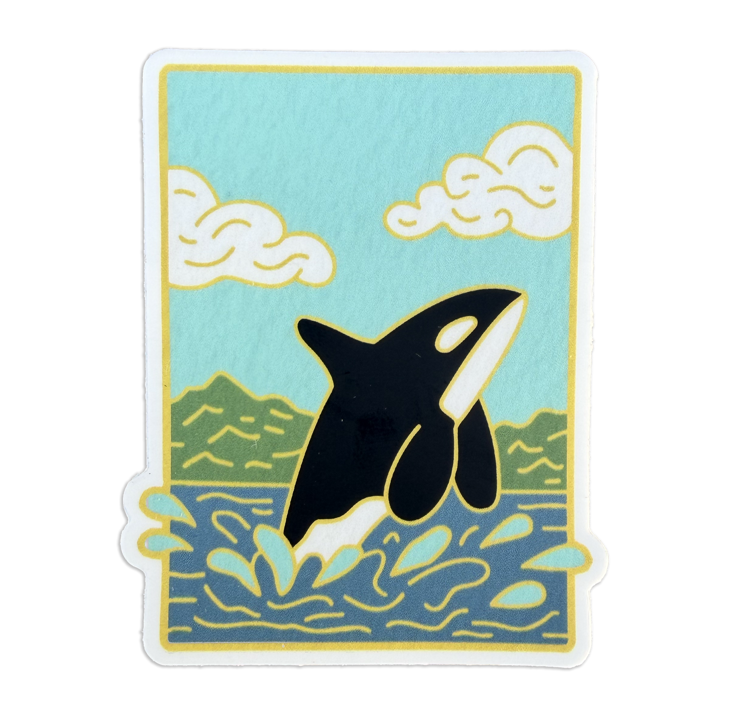 Sticker design featuring an orca jumping out of the water with mountains behind.