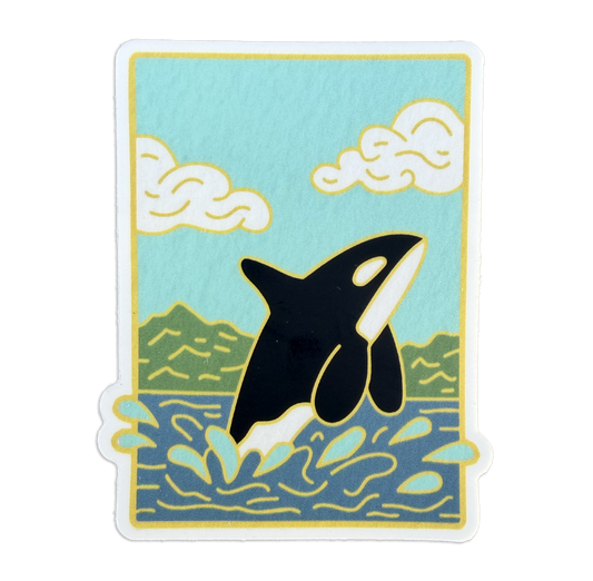 Sticker design featuring an orca jumping out of the water with mountains behind.