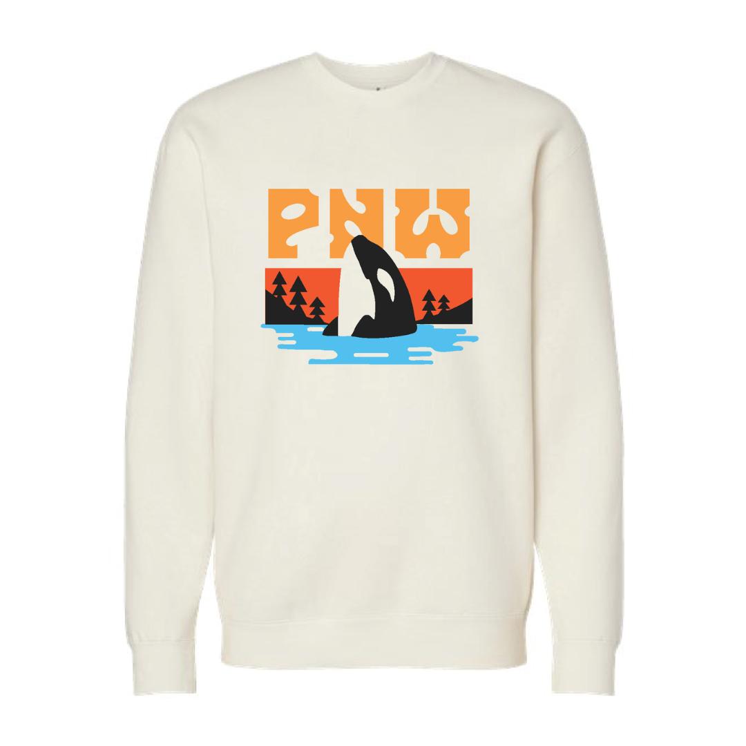 stone colored crewneck pullover sweatshirt with PNW in orange and Orca lifting it's head out of the water. 