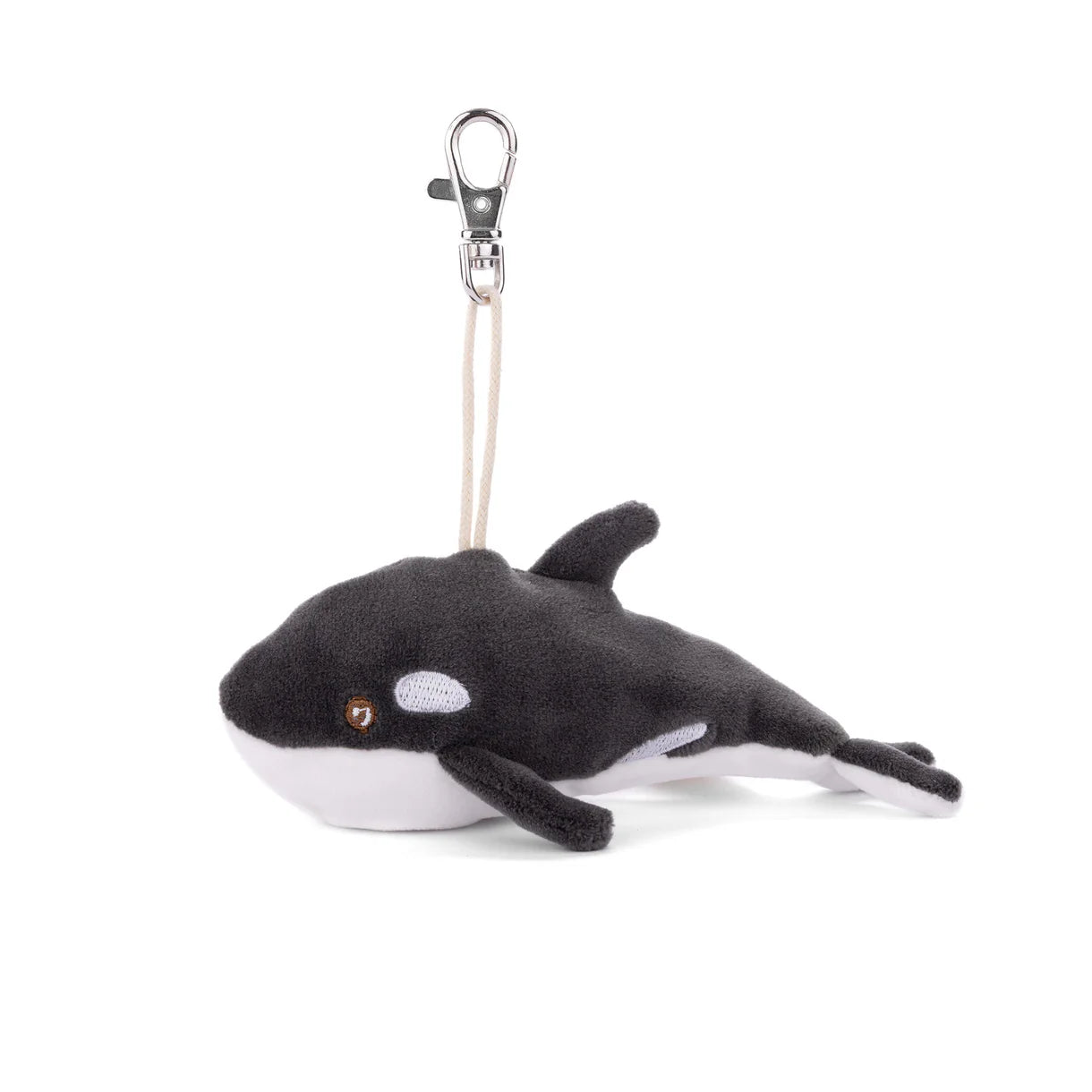 Plush whale toy with a clip on a white background