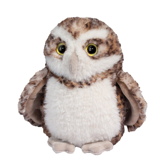 Plush owl toy with brown and white feathers and a wise face