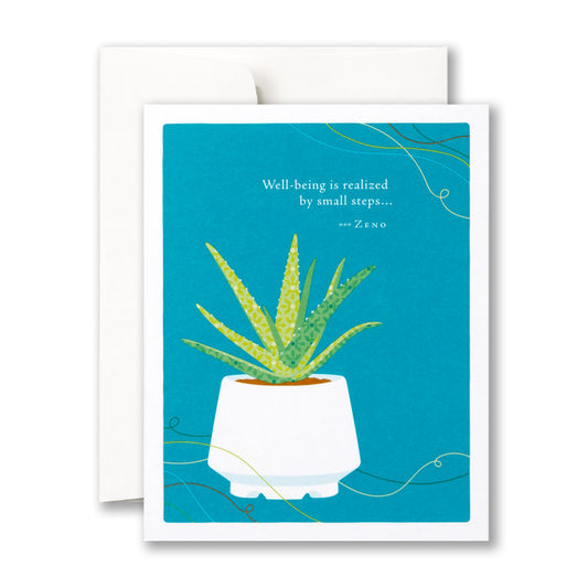 Greeting card with a potted plant illustration and motivational quote on a blue background