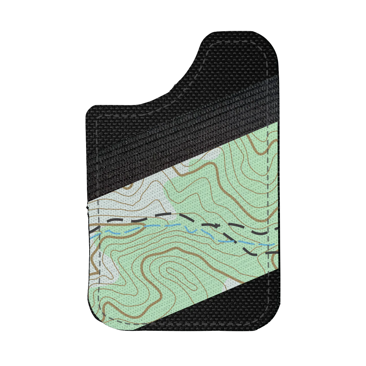 Magnetic phone elastic wallet as a crescent shape cut out of the corner to make retrieving cards easier. decorated in a trail map pattern 