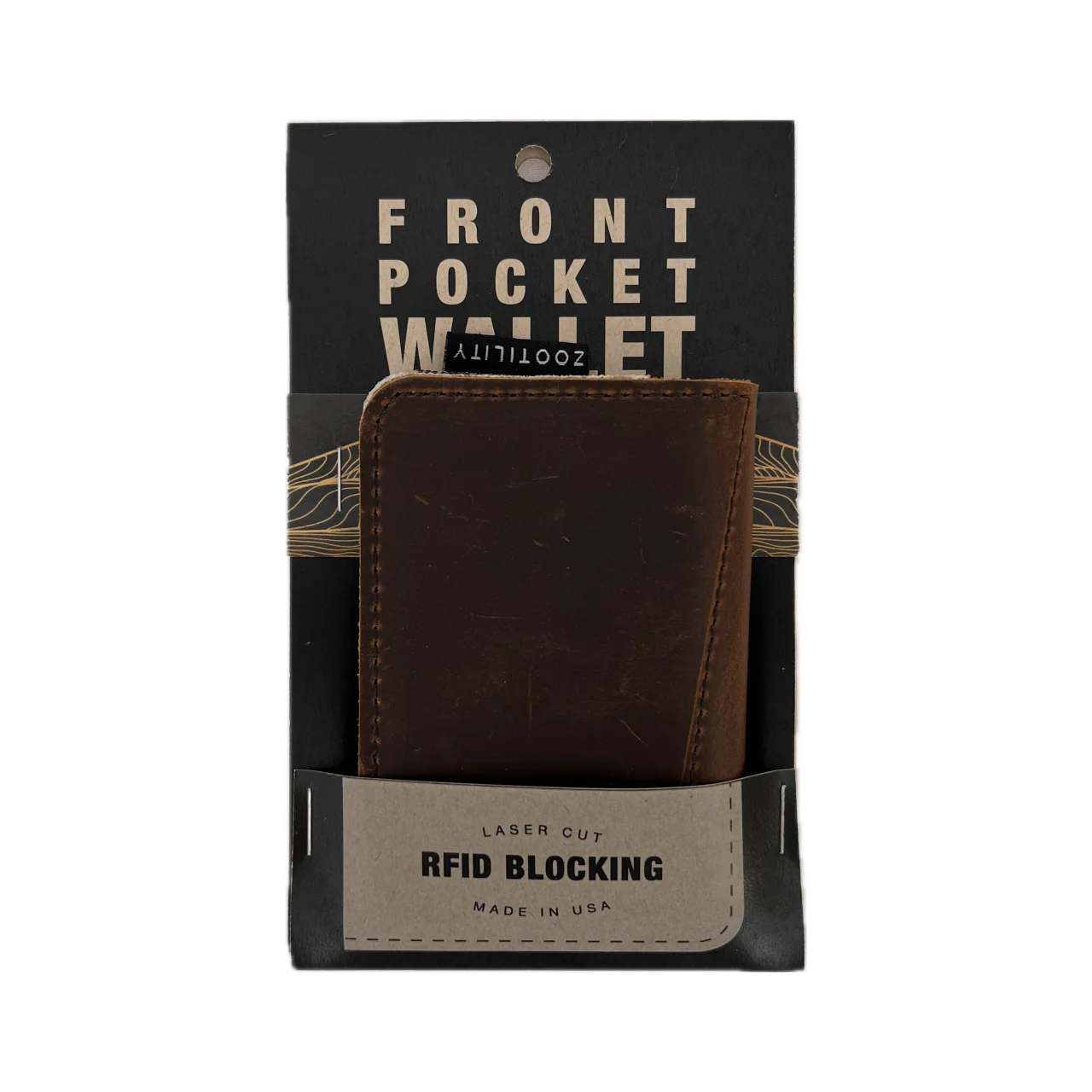 Leather front pocket wallet in it's packaging. Wallet is RFID blocking and made in the USA