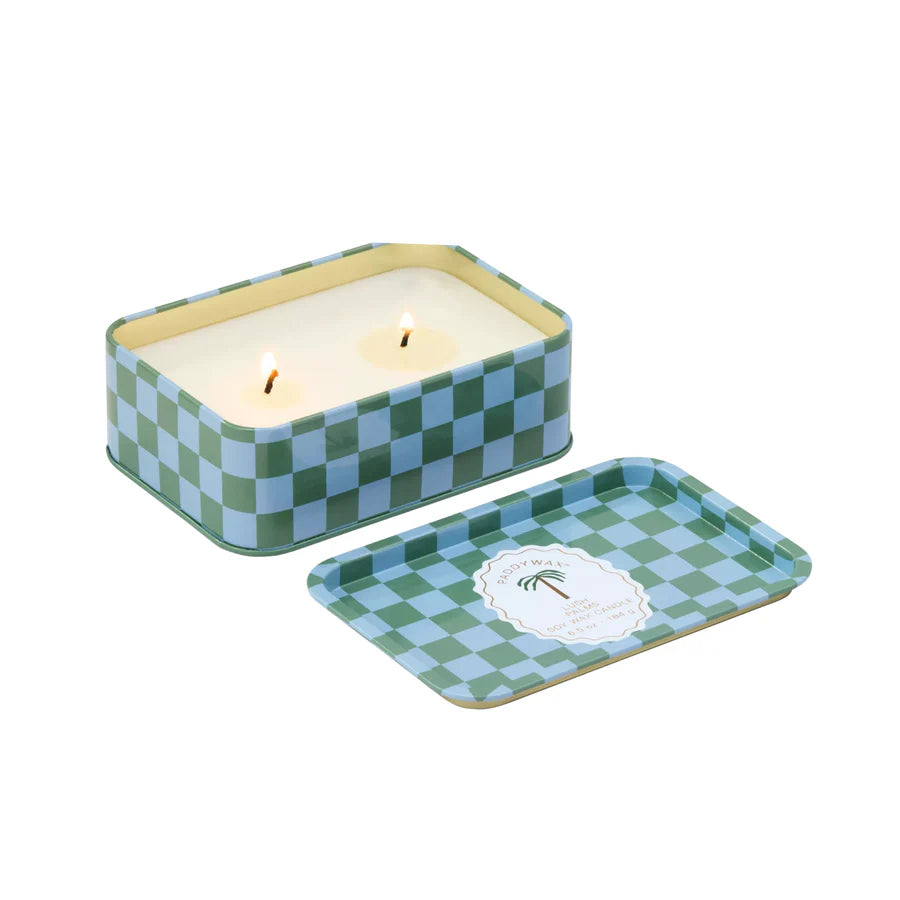 Tin open. The lid removes fully and the candle has 2 wicks.