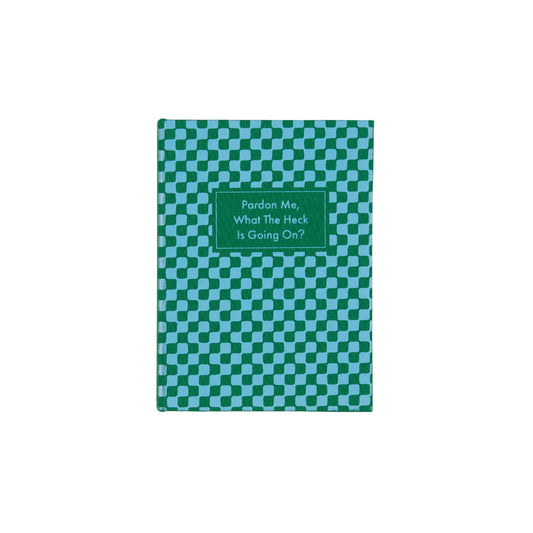 Green checkered notebook with text on a white background