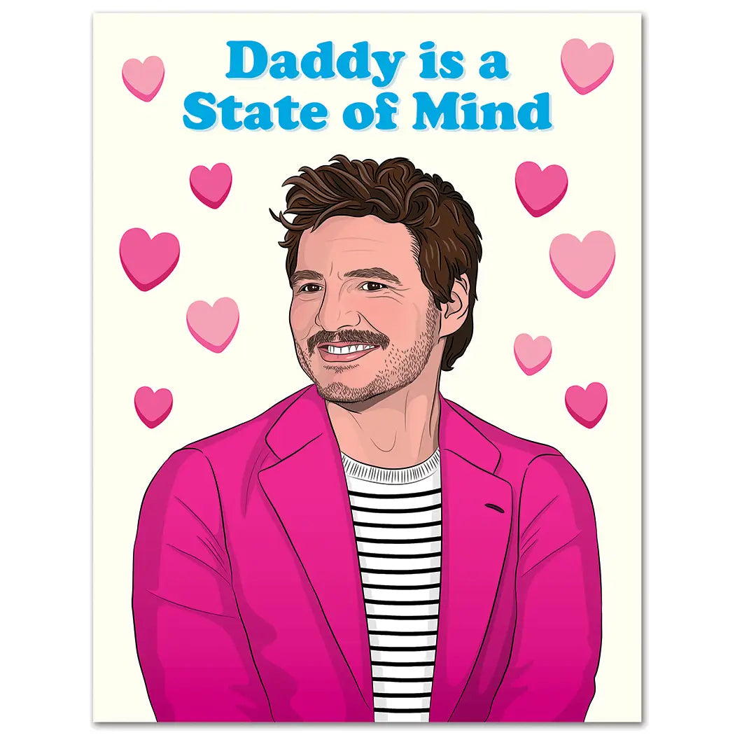 Cartoon illustration of a man in a pink jacket with hearts and text on a light background