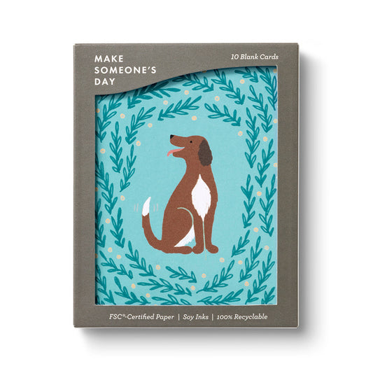Pack of 10 blank cards with a dog illustration on a blue background, featuring FSC-certified paper and soy inks.
