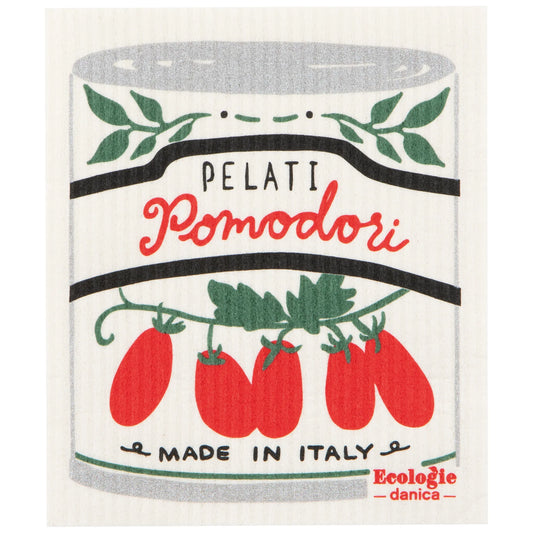 Multitasking Swedish compostable dishcloths with Pomodori tomato can graphic