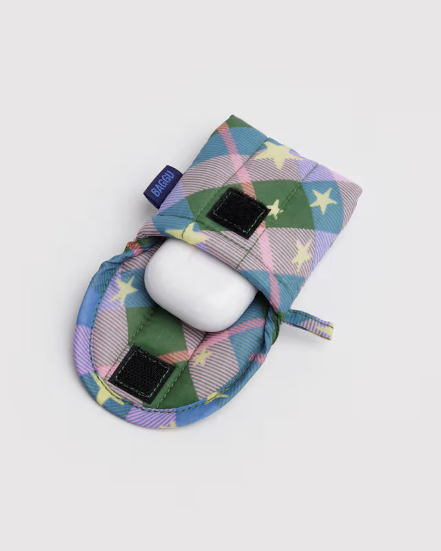 Puffy Earbuds Case - Green Star Plaid
