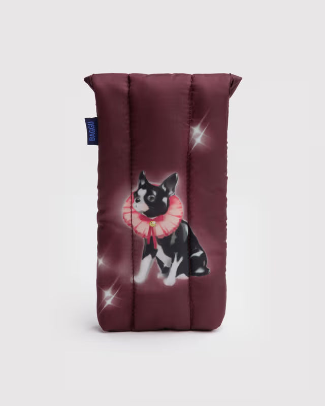 Maroon eyeglass case with a dog illustration on a white background