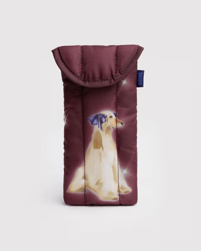 Padded eyeglass pouch with a dog design on a white background